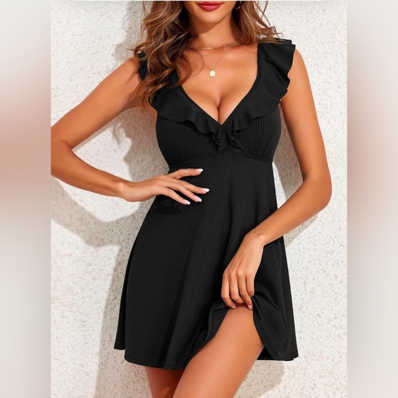 Aleumdr Vintage Solid V Neck with Skirt Tummy Control Bathing Suit Ribbed Ruffle - Picture 3 of 5